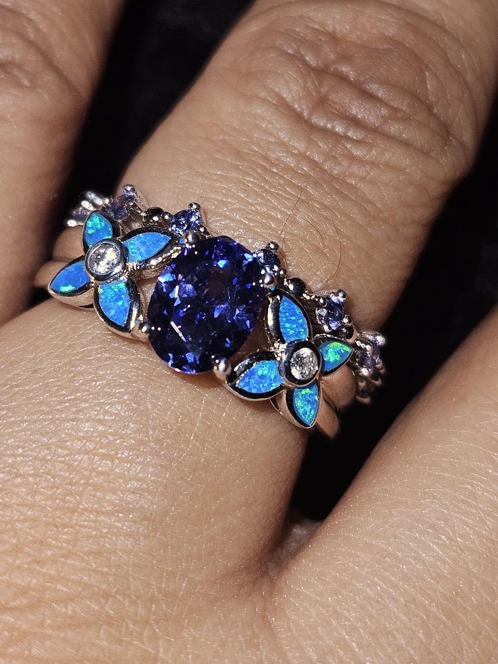 925S Iollite And Blue Lab Crushed Opal Floral Ring